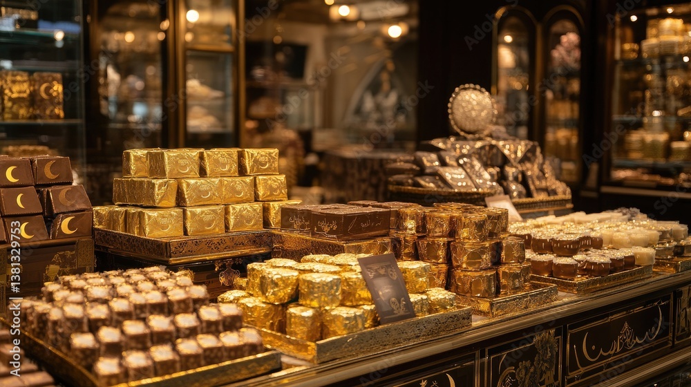 Fototapeta premium A bustling gift shop during Eid featuring gold foil-wrapped gourmet chocolates