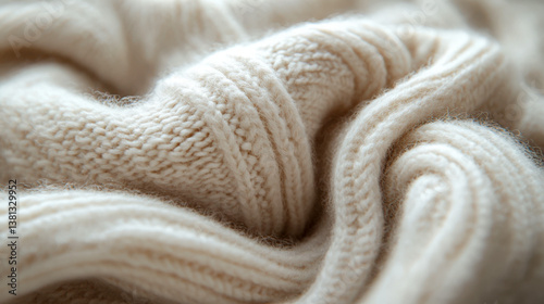 Soft cashmere sweater texture showcases intricate knit patterns in a warm, neutral cream color perfect for cozy fashion styles
