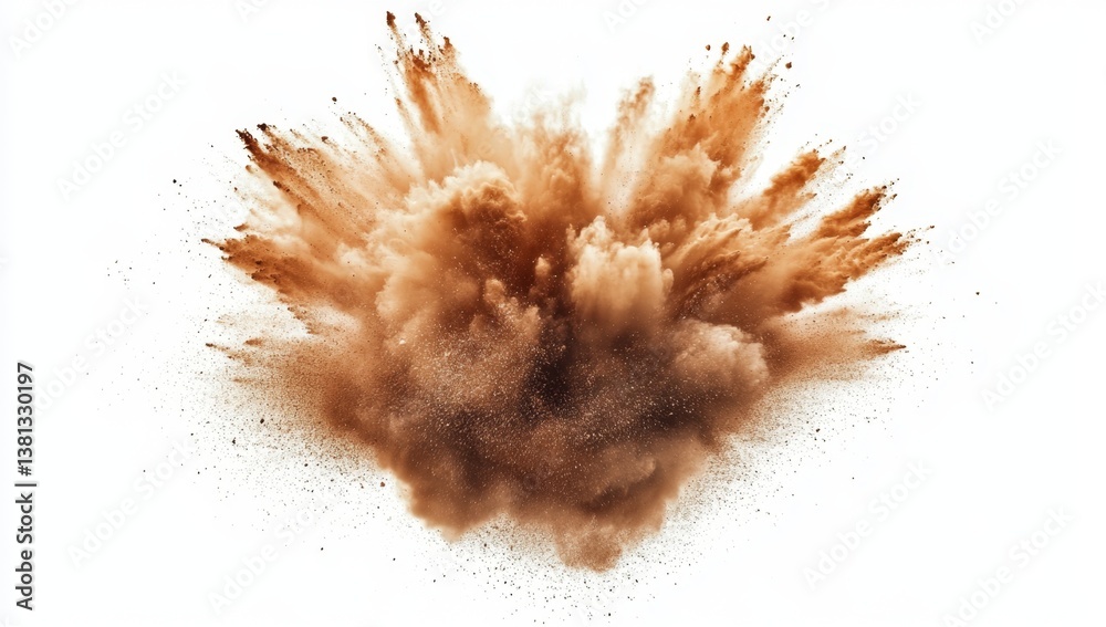 Exploding brown powder. A dramatic burst of earthy colored particles against a plain white background Exploding brown powder. A dramatic burst of earthy colored particles against a plain white background