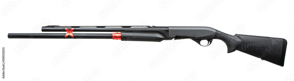 A contemporary black shotgun presented on a plain white backdrop, underscoring its elegant craftsmanship... A contemporary black shotgun presented on a plain white backdrop, underscoring its elegant craftsmanship...