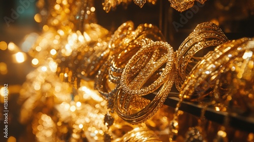 A close-up image of layered jewelry stands filled with sparkling golden bangles