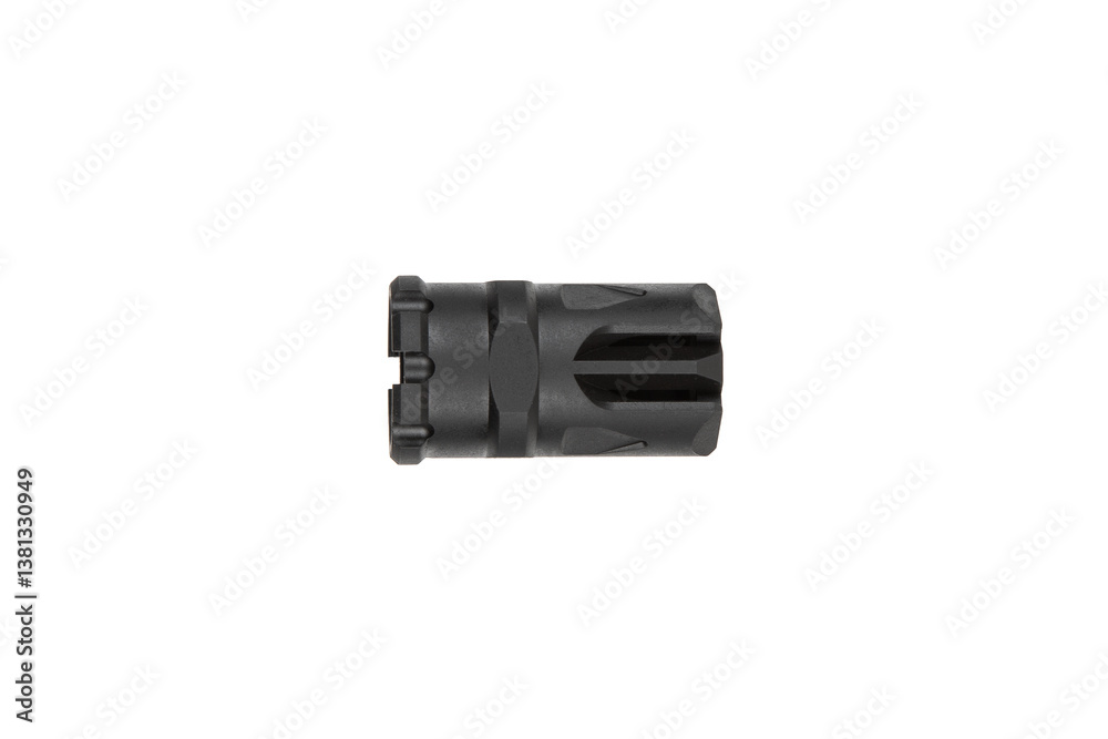 Black muzzle device serving as a flash hider, optimized for tactical and precision shooting. Black muzzle device serving as a flash hider, optimized for tactical and precision shooting.