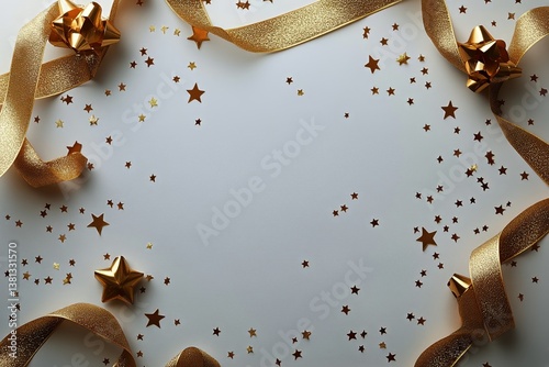 Decorative Golden Stars and Ribbons Arranged for a Celebration Event on a Whi...