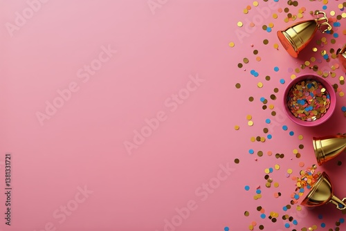 Celebration With Golden Trophies and Confetti on a Pink Background for Awards...