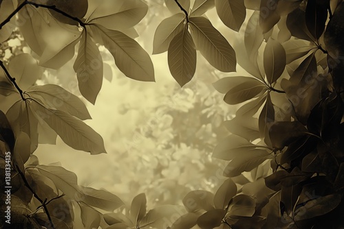 Lush Green Leaves Silhouetted Against a Soft, Cloudy Background in a Tranquil...