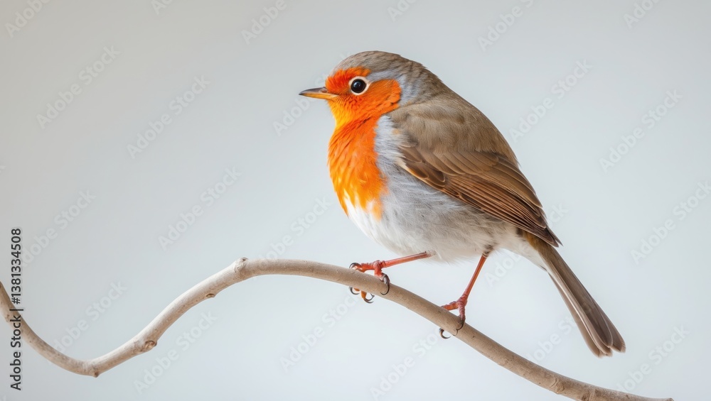 Fototapeta premium Profile of a robin sitting on a branch. Its vivid orange breast is clearly visible against a white background.