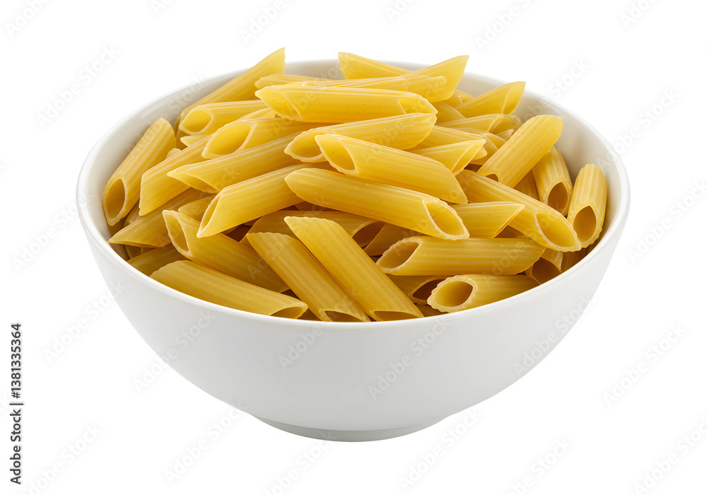 Bowl of uncooked penne pasta, neatly arranged and detailed, isolated white.
Bowl of uncooked penne pasta, neatly arranged and detailed, isolated white.