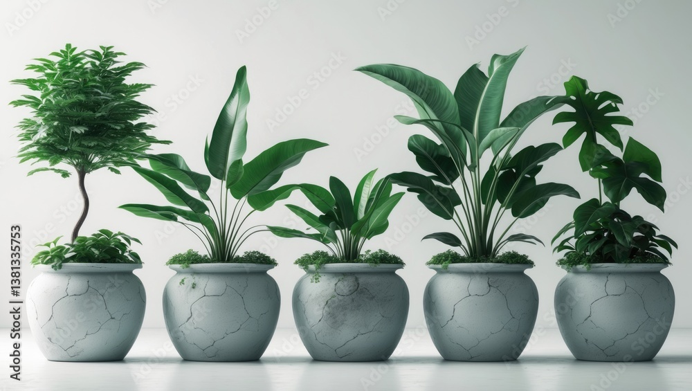 Fototapeta premium Green plant in a pot. Isolated foliage on a white background. Cutout plant leaves in a stone container.