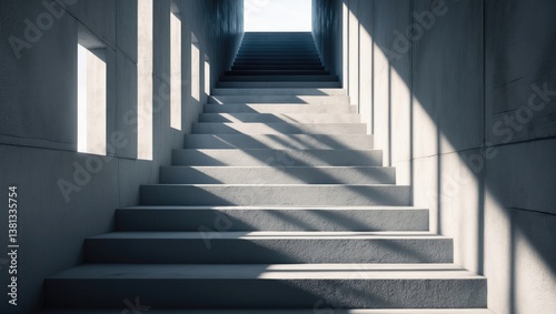 Light and shade in sunlight within a corridor. The staircase between buildings filled with shadows cast by the sun.