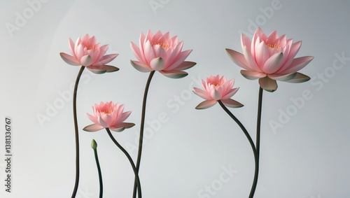 Pink lotus blossoms with elongated stems set against a white background. photo