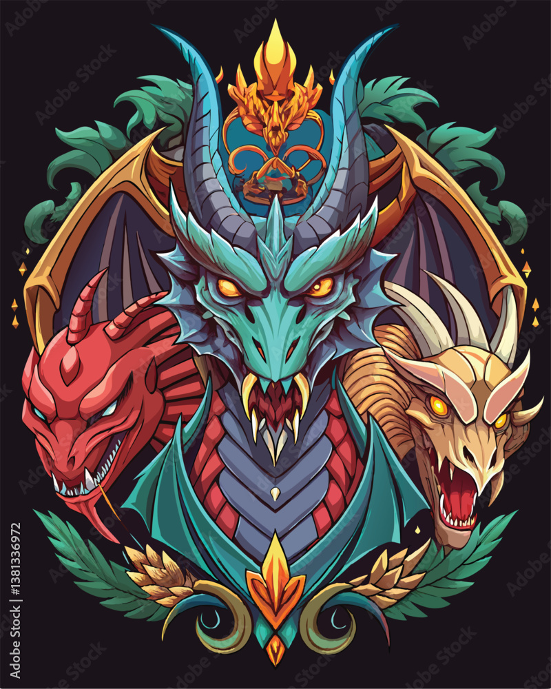 Fototapeta premium Three Headed Dragon with Leaf, Gold Accents 