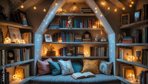 Indoor reading nook with shelves full of books. Cozy pillows and lights illuminate small alcove space. Open book sits on seat, creating inviting atmosphere. photo