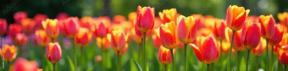 Colorful tulips blooming in spring garden bed, flowers, springtime Colorful tulips blooming in spring garden bed, flowers, springtime