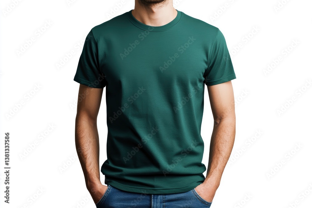Man Wearing Green T-shirt Mockup with Hands in Pockets Isolated Man Wearing Green T-shirt Mockup with Hands in Pockets Isolated