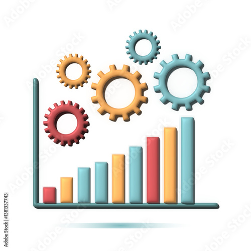 Colorful gears and bar graph illustrate increasing progress