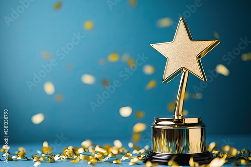 A blue background with a gold star illustrates a top performance award. It conveys victory, goal accomplishment, and achievements, including a winner's cup, certificate, and first place in gaming