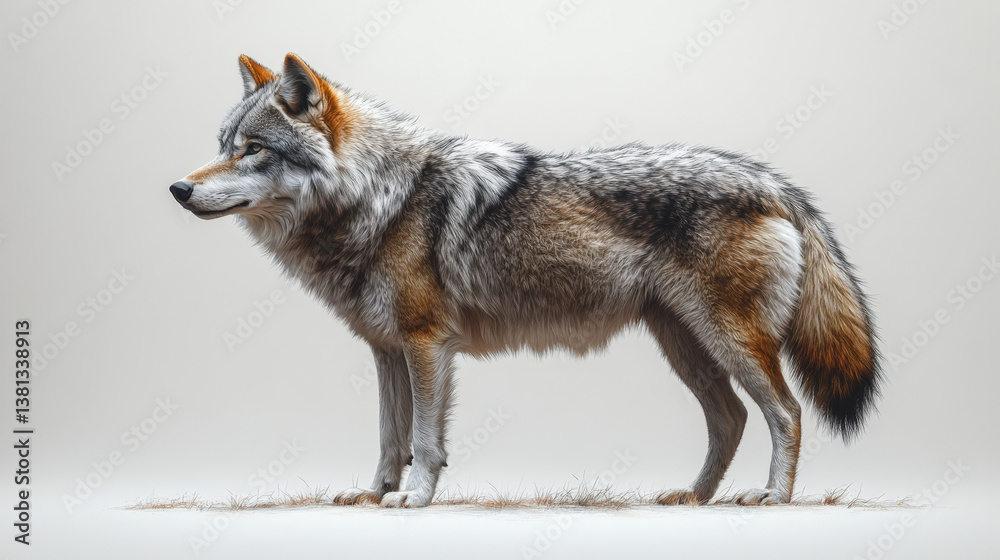 Obraz premium Wolf standing in a detailed photorealistic representation showcasing its fur and features