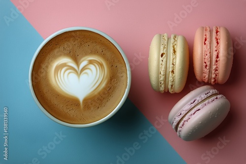 Delicious Coffee With Heart Design and Colorful Macarons on a Pastel Background