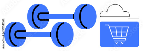 Pair of dumbbells next to cloud and shopping cart signifying fitness, online training, gym equipment, and digital commerce. Ideal for wellness, technology, e-commerce, fitness apps, health online