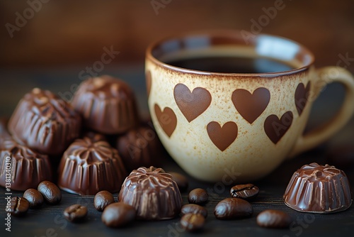 Warm Coffee Cup With Heart Design Alongside Chocolate Pieces and Coffee Beans