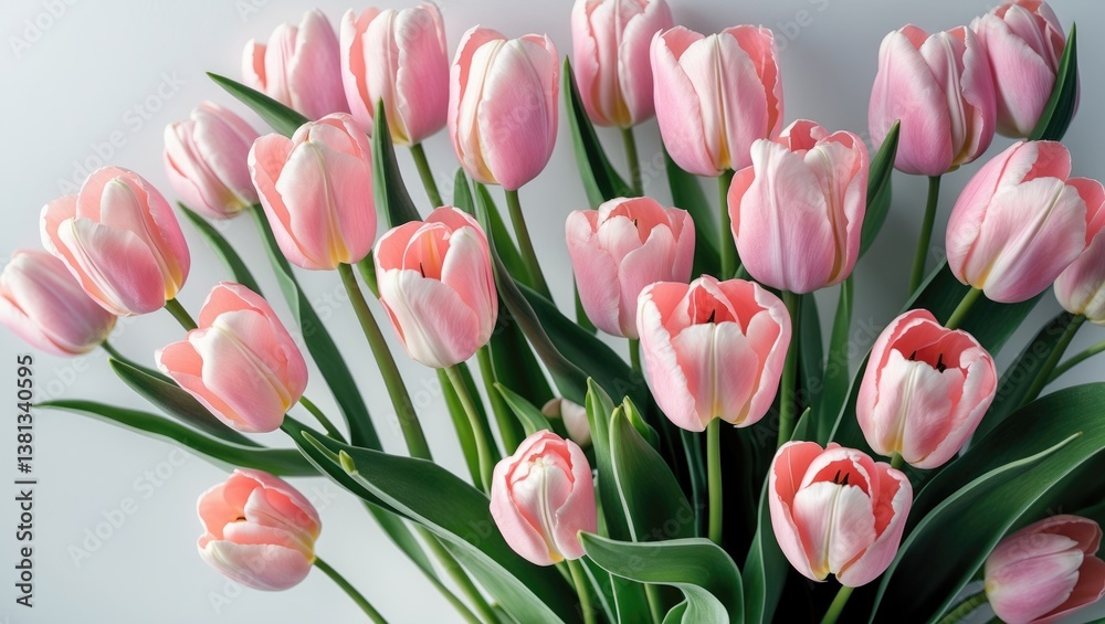 Fototapeta premium Bouquet of pink tulips against a white backdrop.