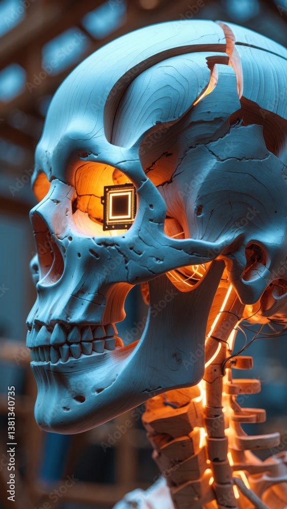 Fototapeta premium White Skull With Chip In Eye Socket. Bones visible and glowing orange. Skull has crack at top.