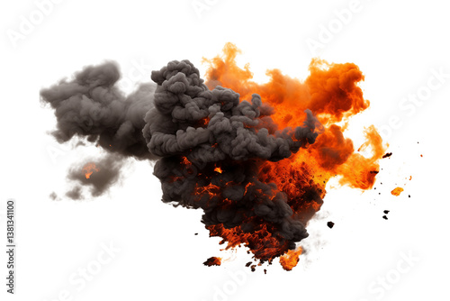 An intense explosion with dark smoke and bright orange flames against a  scene is shown on transparent background png