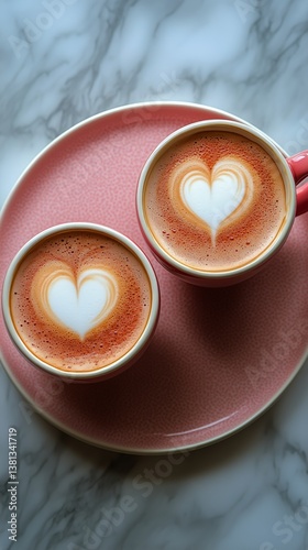 Two Mugs of Latte Art Featuring Heart Designs on a Pastel Plate With Marble B...