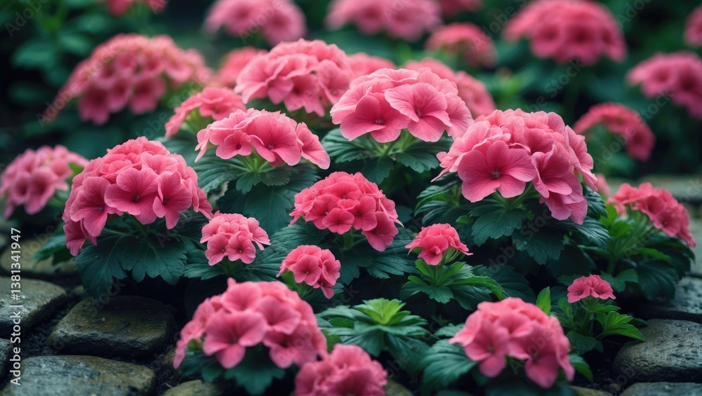 Fototapeta premium Blooming vibrant pink and red flowers in close-up, with a floral wallpaper backdrop featuring pink and red blooms.