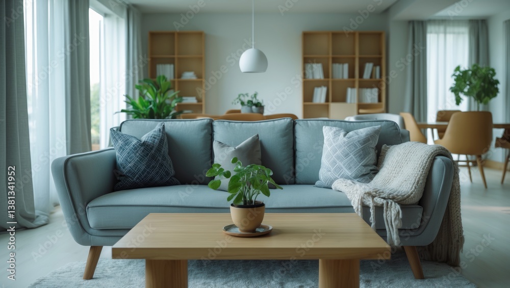 Fototapeta premium Interior of chic living room featuring a cozy sofa, coffee table, and blooming tree branches in a vase.