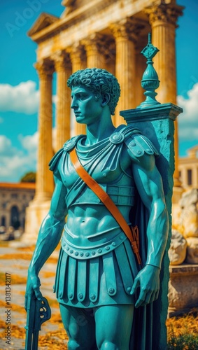 Blue Statue standing. Ancient style male figure with orange strap holds sword. Building with columns visible against blue sky