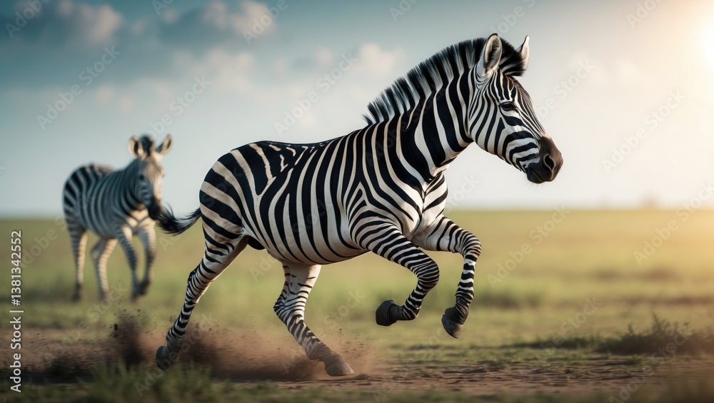 Naklejka premium A stunning image showcasing a zebra as it tries to rise from the vibrant green grass. The zebra's black and white striped fur contrasts elegantly with the environment.
