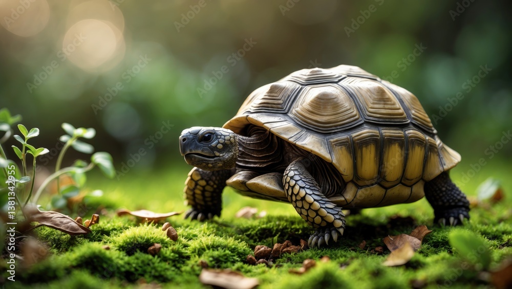 Obraz premium Land turtle in its natural habitat. Adorable turtle.