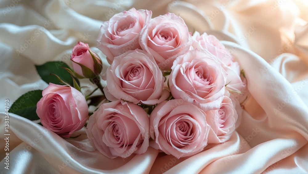 Obraz premium Bouquet of pink roses on delicate silk