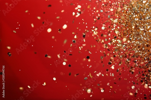 Sparkling Gold and Silver Glitter Floating Against a Vivid Red Background Dur...