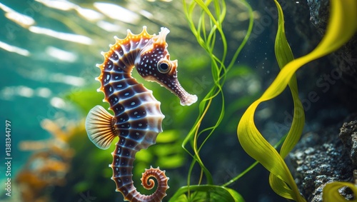 big belly seahorse in macro close-up, yellow with black spots, tropical fish photo
