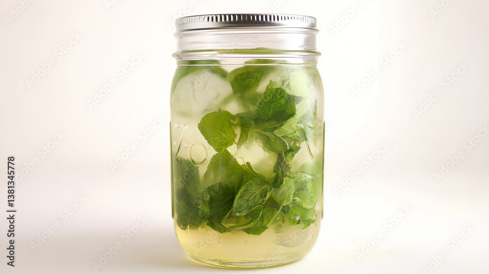 Refreshing lime and mint drink with ice in jar on white background Refreshing lime and mint drink with ice in jar on white background