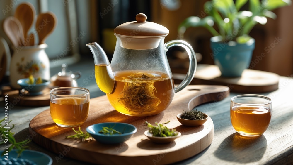 Blooming flowering tea in a glass teapot with two cups on a countertop in close-up. Blooming flowering tea in a glass teapot with two cups on a countertop in close-up.