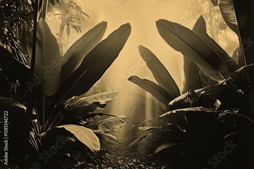 Lush Green Leaves Silhouetted Against a Soft, Cloudy Background in a Tranquil...