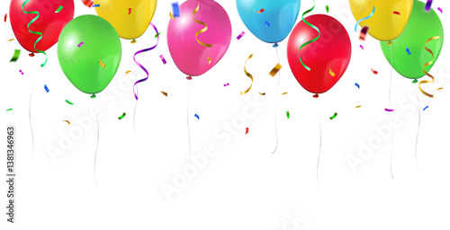 Vector colorful party balloons, confetti and streamers seamless pattern decorative border isolated on white background	
