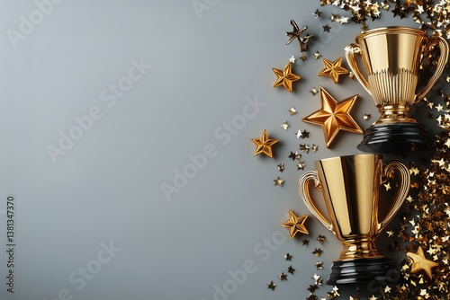 Decorative Trophies With Stars and Sequins Arranged on a Gray Background for ...