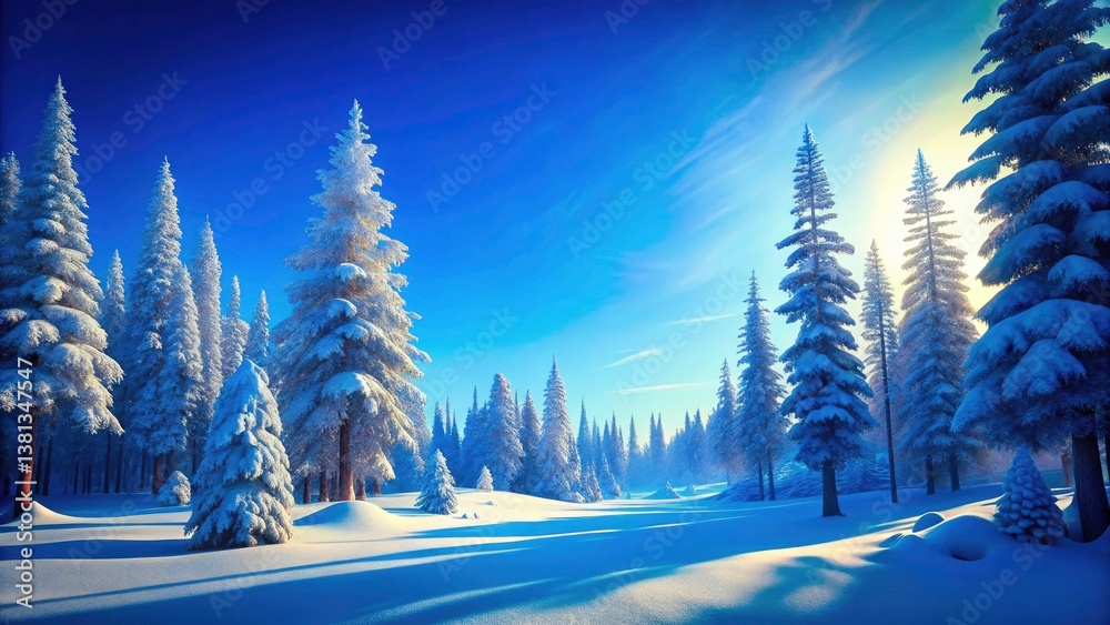 Fototapeta premium Stunning Winter Wonderland: Snow Covered Landscape, Tall Trees, Blue Sky, Cold Weather Photography