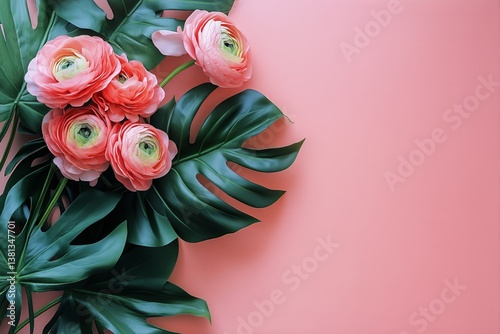 Beautiful Pink Ranunculus Flowers Arranged With Tropical Leaves on a Pastel B...