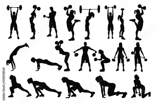Workout Silhouettes: Dynamic silhouettes showcasing diverse fitness routines, capturing the essence of strength, endurance, and healthy living through various exercises.