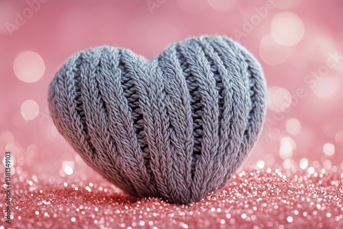 Soft Knitted Heart on a Sparkling Pink Surface With Blurred Lights Reflecting...