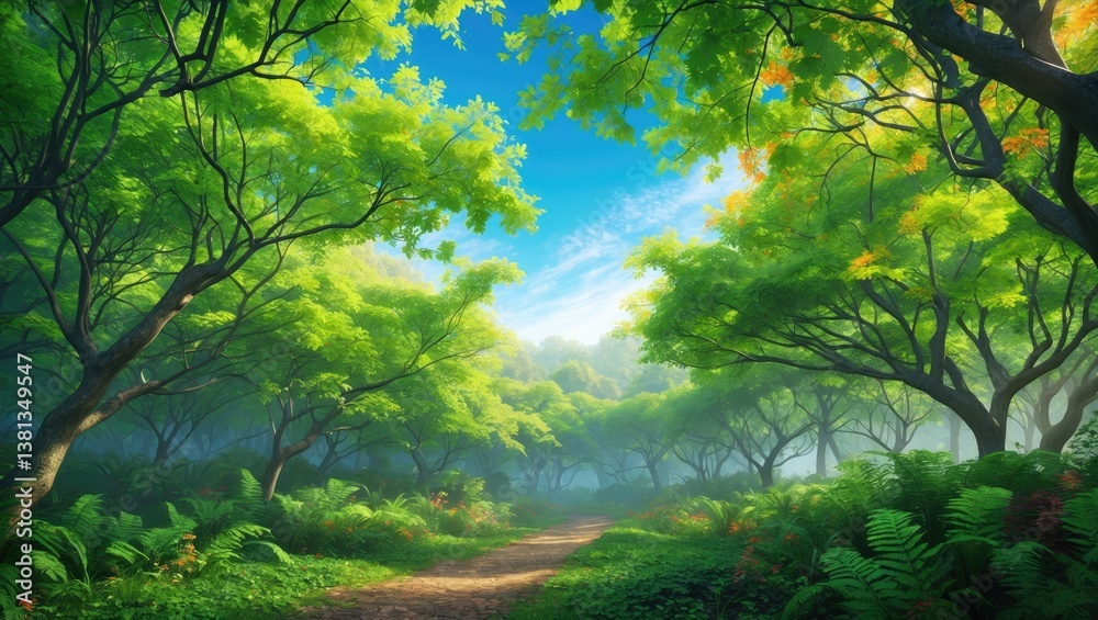 Fototapeta premium Beneath the lush canopy of towering trees, a tranquil realm of filtered sunlight, rustling leaves, and varied wildlife reveals itself.
