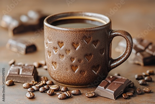 Warm Coffee Cup With Heart Design Alongside Chocolate Pieces and Coffee Beans