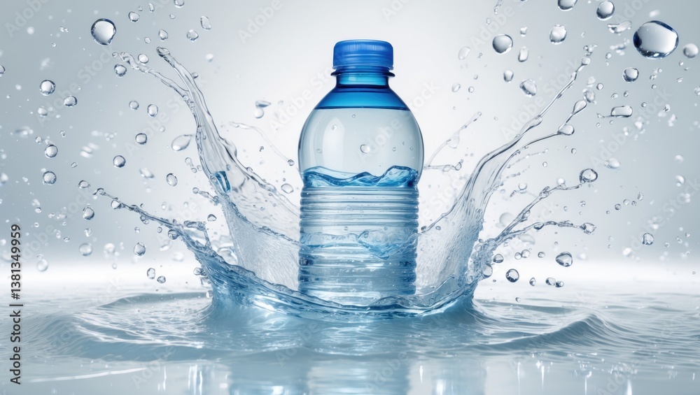 Bottle of chilled water surrounded by a splash of water. Conceptual image of refreshing, chilling, and purity. Bottle of chilled water surrounded by a splash of water. Conceptual image of refreshing, chilling, and purity.