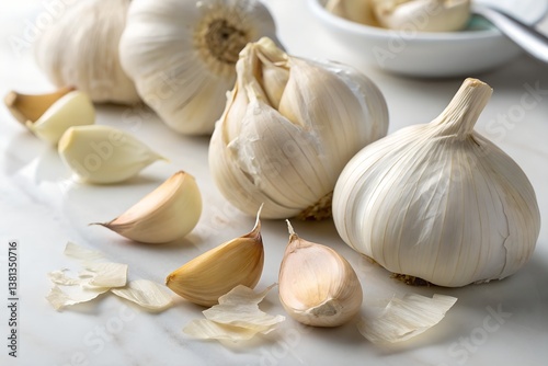 fresh garlic bulbs and cloves on a white surface
