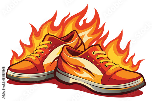 Burning Orange Sneakers with Flames on a White Background